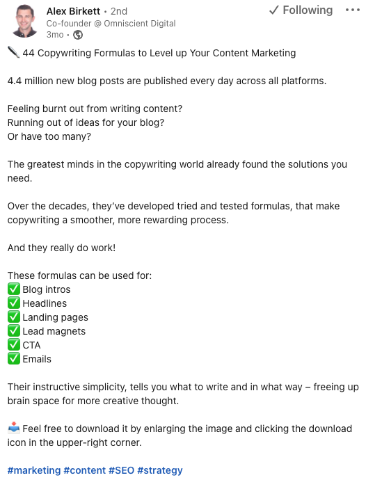 Alex Birkett's LinkedIn post screenshot showing a pdf file with "44 Copywriting formulas to level up your content writing".