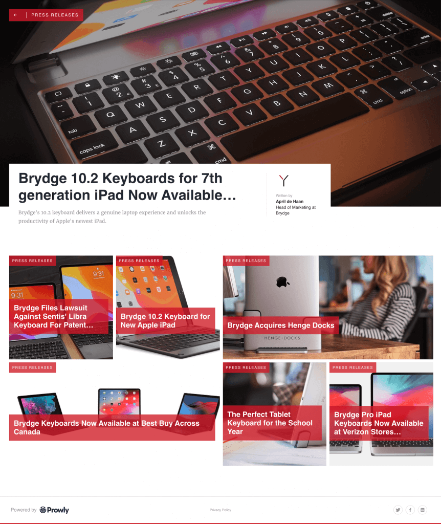 Example of an online newsroom created in Prowly by Brydge