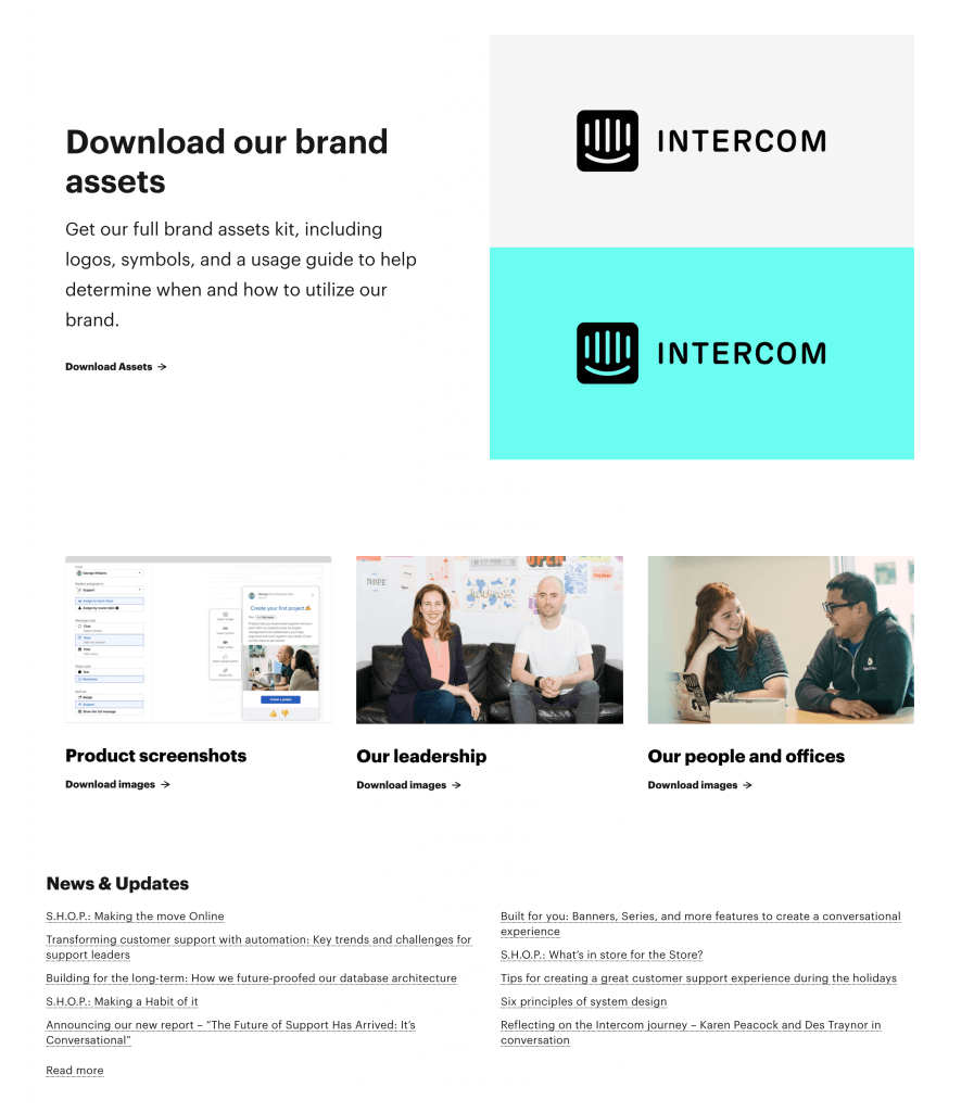 Example of an online newsroom created by Intercom