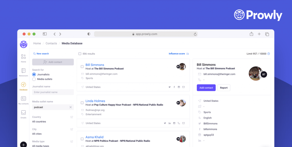Prowly PR Software - Podcast Media List